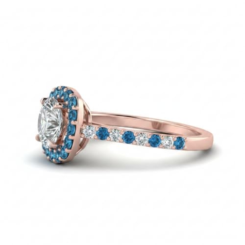 Image of Choose Your Gemstone Round Diamond CZ Square Halo Ring Rose Gold Plated Round Shape Petite Engagement Rings Matching Jewelry Wedding Jewelry Easy to Wear Gifts US Size 4 to 12