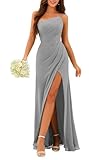 HPPEE Grey Bridesmaid Dresses for Women with Slit Pleated One Shoulder Formal Dress Evening Gown Maid of Honor UK28