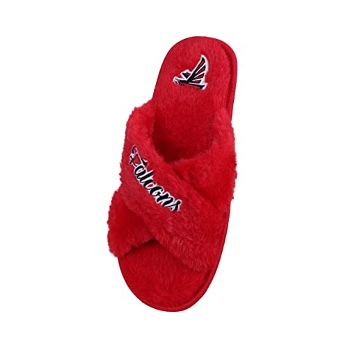 Image of FOCO Womens NFL Team Script Wordmark Fuzzy Cross Slide Slippers