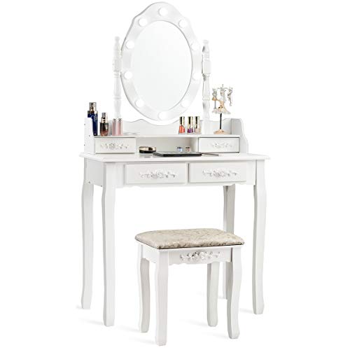 CHARMAID Makeup Vanity Table with 10 LED Lights 4 Drawers Storage Shelf Rose Knob Bedroom Dressing Makeup Table Vanity Desk with Cushioned Stool for Girls Women (White)