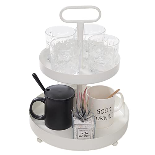 Maoname White 2 Tiered Tray, Metal Two Tier Tray With Handle, Decorative Tray For Kitchen, Living Room, Bathroom, Seasonal Decor #TOP3
