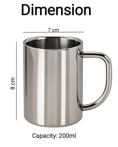Image of Stainless Steel Coffee Mug Set of 2 | Tea Cups & Coffee Mugs 200 ml | Double wall Hot and Cold Drinks Mugs with Handle | Unbreakable Rust Proof Steel