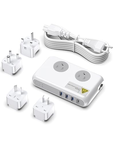 220V to 110V Voltager Converter, 230W Universal Travel Adapter with 4 USB Ports, 2 Outlets and EU/US/UK/AU/in Plug Power Converter Adapter Combo, Step Down Converter for Curling Iron, White