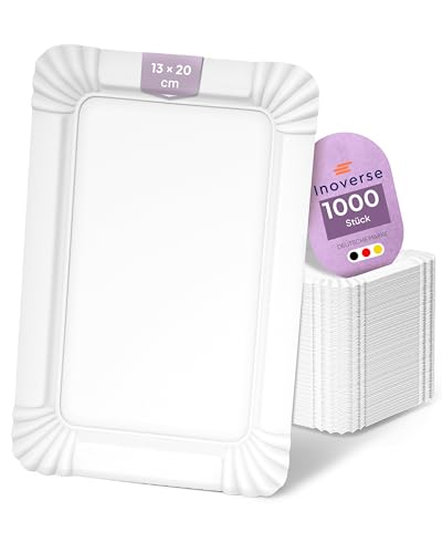 Inoverse 1000 Stück Pappteller Weiß – Eckig 13x20 cm – Umweltfreundliche Einweg Teller aus Pappe, Partygeschirr, Kuchenteller, Einweggeschirr