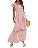 ZESICA Women's 2024 Summer Lace Strap Sleeveless Square Neck Smocked High Waist Ruffle Hollow Out Flowy A Line Maxi Dress,Pink,Small