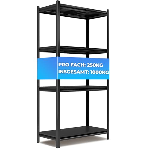 ALL Premium Metallregal Schwarz mit Schwerlastregal Metallböden 200x100x50cm - 1000kg Traglast 100% Kaltgewaltzer Stahl - Regal 100 cm Breit, Regal 50cm tief lagerregal Metall