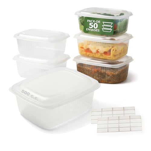 Daymand Store® | PACK 50 Tapers para Comida Hermético con Etiquetas Adhesivas de REGALO | Envases de Plastico Reutilizable De PP Apto Para Microondas y Lavavajillas | Capacidad 500 cc.