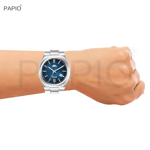 Image of PAPIO Men's Quartz Analogue Watch, Silver Stainless Steel Band, Round Dial with Date Display