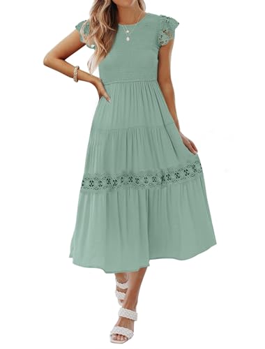 ZESICA Women's Casual Crew Neck Flutter Sleeve Smocked High Waist Hollow Out Lace Trim Tiered A Line Midi Dress