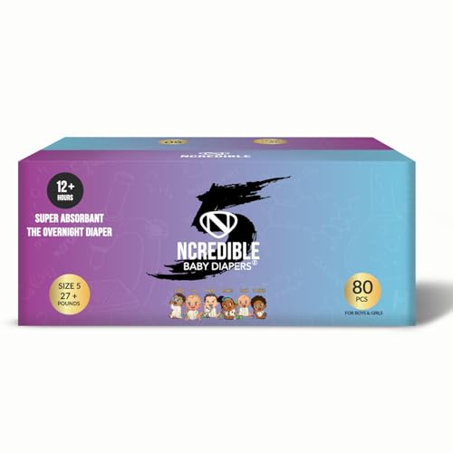 NCREDIBLE Diapers Overnight Baby Diapers, 12+ Hour Use, Size 5 (27+ lbs), 80 Count, Disposable Baby Diapers, Night Time Skin Protection