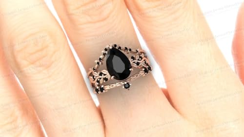 Vine Leaf Style 1 CT Black Onyx Engagement Ring Set Filigree 14k Gold Black Onyx Art Deco Wedding Ring Set Pear Shape Black Onyx Vintage Bridal Set Antique Anniversary Promise Ring Set2
