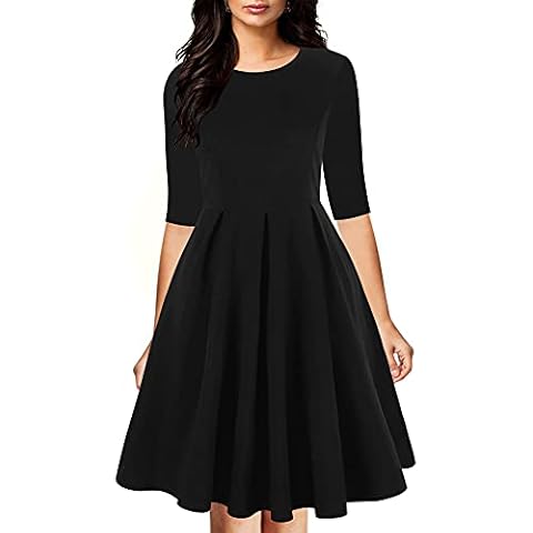 oxiuly Women's Vintage Half Sleeve O-Neck Contrast Casual Pockets Party Swing Dress OX253 (Black Solid, XXL) Cover