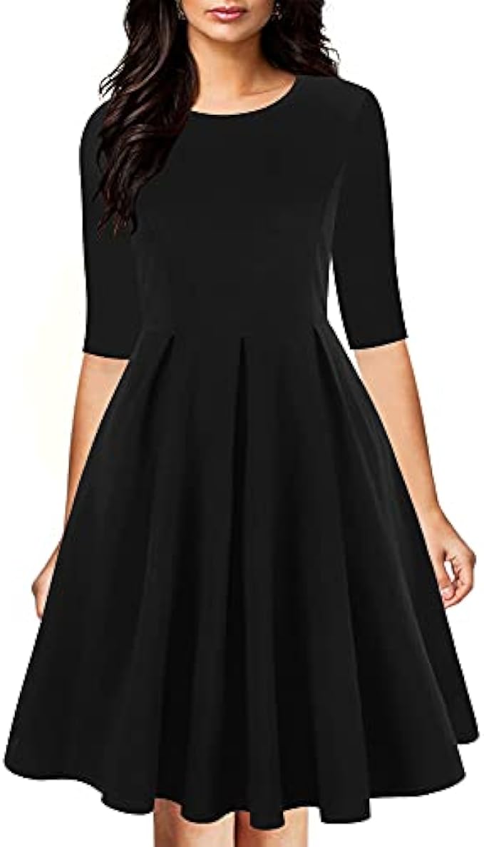 oxiuly Women's Vintage Half Sleeve O-Neck Contrast Casual Pockets Party Swing Dress OX253