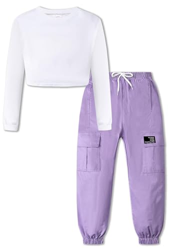 Image of SANGTREE Girls' Clothing Sets Crop Top & Cargo Jogger Pants 2 Piece Outfit, White +Purple, 11-12Y = Tag 160