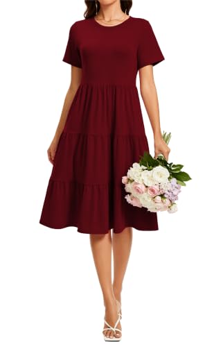 Image of Womens Summer Short Sleeve Crew Neck Midi Dress 2026 Casual Fit Flowy Tiered Beach Vacation Sundress with Pockets