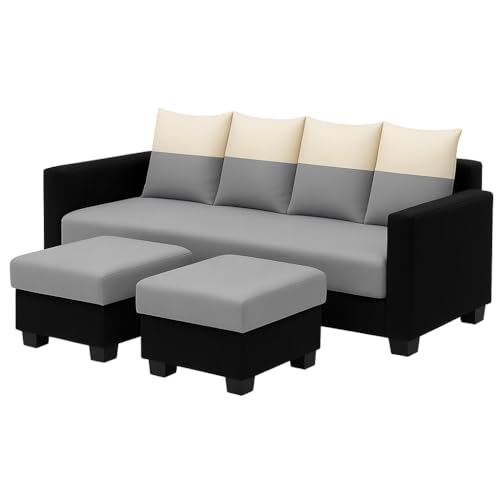 Image of SOCOZI Konva 6 Seater L Shape Sofa Set with 2 Movable Ottomans | Flexible Layout | Soft Velvet Suede Fabric | Modern Design | Plush Comfort Cushions for Living Room (Light Grey-Cream-Black)