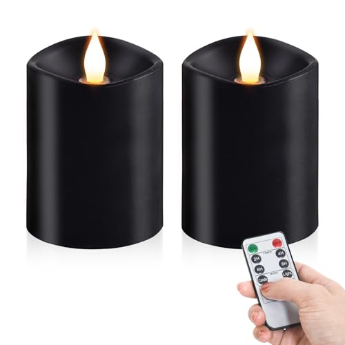 Image of 3x4 Flickering Flameless Candles Set of 2,Real Wax Pillar led Candles Flickering,with Timer,4 inch Flameless Candles with Remote,Battery Operated Candles,for Party Holiday Home Decor,Black