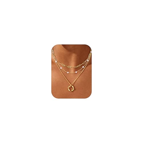 TEN MIRO Layered Gold Necklaces for Women Non Tarnish, Dainty 16k Real Gold Necklace Stack Stackable Necklace for Women Layering Chain Circle Pendant Paperclip Chain Necklaces