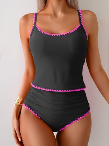 Image of Eomenie Tankini Swimsuit for Women Tummy Control Ruched Two Piece Bathing Suits High Waisted Shell Stitch Swimwear