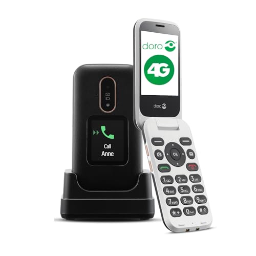 Doro 6880 -Téléphone Mobile 4G à Clapet pour Senior - Simple d'utilisation - Double écran - Touche d'Assistance - Socle Chargeur Inclus - Noir
