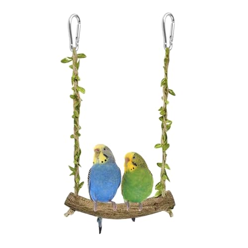 Hiwzitar Natural Wood Bird Swing Perch with Decorative Leaves - 7.1 Durable Bird Stand Platform Toy for Cage Hanging Budgie Parakeet Hammock Accessories for Lovebirds Cockatiels Conures Finches