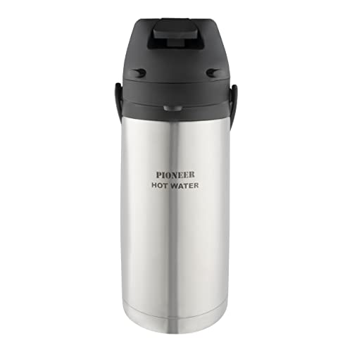 Pioneer 1.9L Stainless Steel Lever Airpot, Leakproof Flask for Hot and Cold Drinks, Easy Pump Drink Dispenser for Events with Water Label