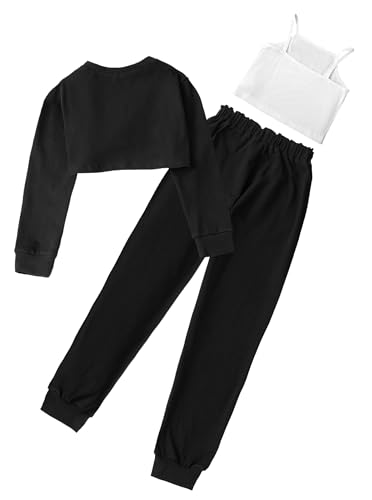 Image of Girls 3 Piece Outfits Long Sleeve Graphic Print Crop Top Camisole and Pants Set White Black 11-12Y