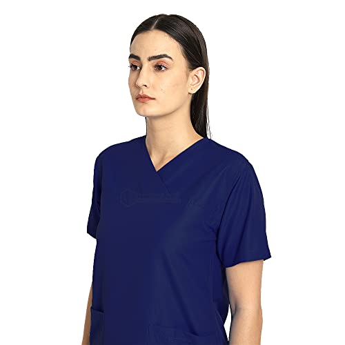 Image of IS IndoSurgicals Faux Wrap Scrub Suits for Doctors Women OT Dress (XL, Navy Blue)