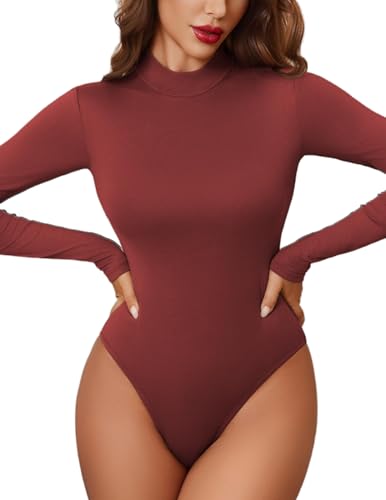 Avidlove Curvy Body Damen mit Snap Crotch Druckknöpfen Bodysuit Women Langarm Rollkragen Blusenbody Frauen Elegant Bodys Slim Fit Basic Tops Rot M