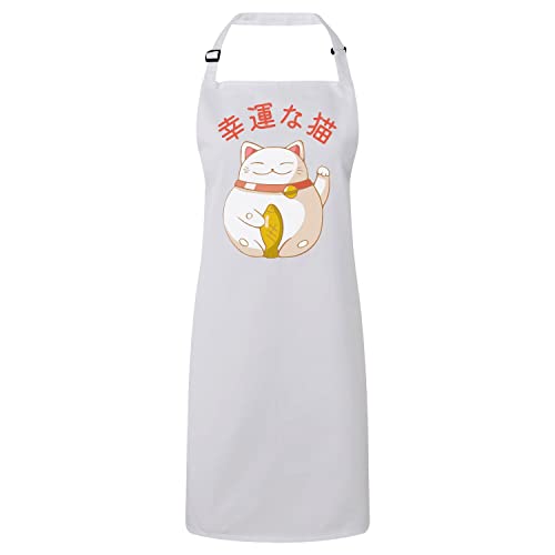Tablier de cuisine blanc Maneki-Neko imprimé chat japonais porte-bonheur en coton