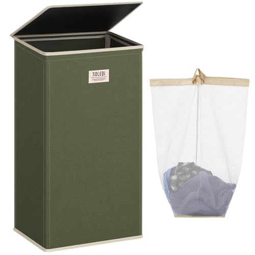 SOLEDI Cesta de lavandería de 100 litros con tapa, canasta plegable para lavandería, cesta resistente con bolsa de lavandería extraíble, hermoso y elegante cubo grande para la ropa sucia (verde