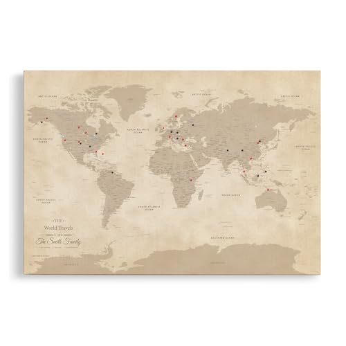 Image of Vintage Canvas Travel Pin Map of the World - Extra Large Antique Style World Map with Pins - Personalized Framed Wall Art - Gallery Wrap - 34 inch x 51 inch