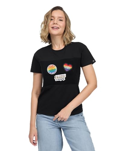 Black Velcro Patch Shirt for Women - S with LGBT Sticker Set, Customizable Velcro Patch Area for Equality and Pride