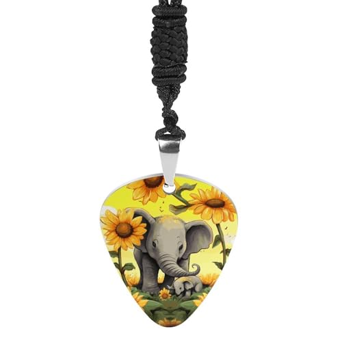 母と赤ちゃんの象のひまわりプリントピックネックレス(1.2 x 1.1インチ)。チタンスチール製、24インチのブラックロープとペア。ボット用に作られた絶妙なペンダントギターピックホルダーです。