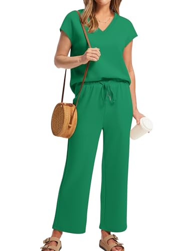 Image of Saloogoe Two Piece Sets for Women Summer Outfits Lounge Sets V Neck Tops Wide Leg Pants Woman Vacation Travel Outfits