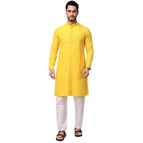 Aakrati Men's Silk Blend Sequence Mirror Work Kurta Churidaar Set Yellow Size42 Cover