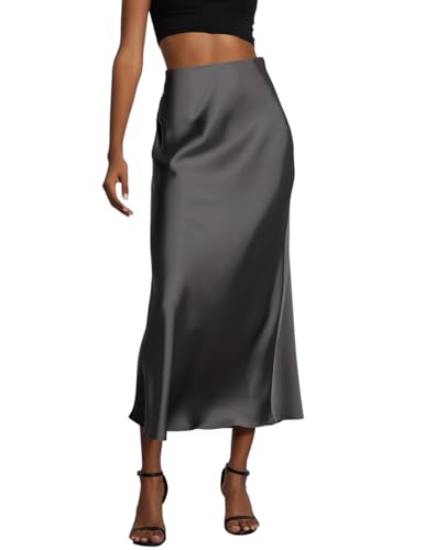 ORANDESIGNE Falda Raso Mujer Falda Larga de Satén Falda de Cintura Alta Elegante Falda Cintura Elástica de Seda Midi Falda de Noche Office Cócteles Negocios Verano Gris Oscuro M