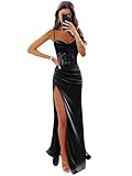 Wchecalino Black Mermaid Prom Dresses for Teens 2026 Long Cowl Neck Satin Sparkly Beaded Corset Formal Evening Party Dress with Slit 12