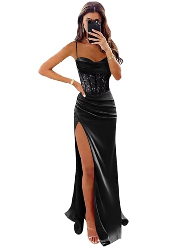 Wchecalino Black Mermaid Prom Dresses for Teens 2026 Long Cowl Neck Satin Sparkly Beaded Corset Formal Evening Party Dress with Slit 12