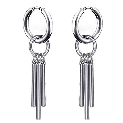 Personalized Punk Stainless Steel Three Bar Geometry Dangle Drop Hinged Hoop Huggie Earrings with Long Pendant for Women Men Unisex