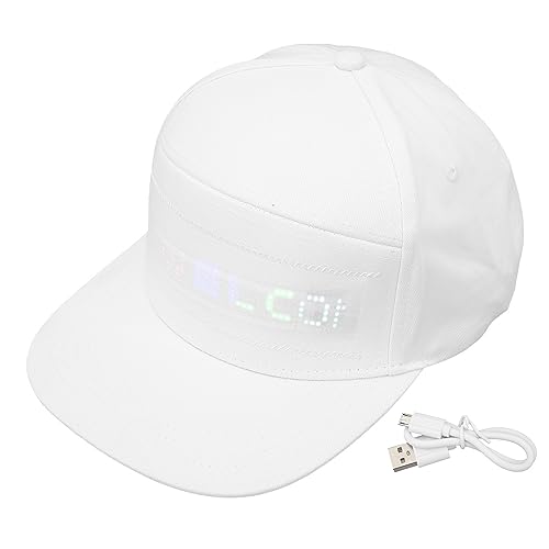 Casquette LED Programmable Bluetooth APP Contrôle Chapeau LED Coloré Modifiable pour Concert en Plein Air Carnaval Matériau en Coton Taille Réglable Écran Amovible (Blanche)
