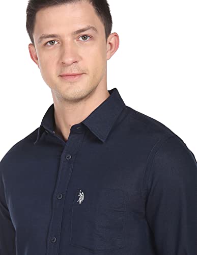 Image of U.S. Polo ASSN. Men's Solid Cotton Linen Tailored Fit Spread Collar Casual Shirt
