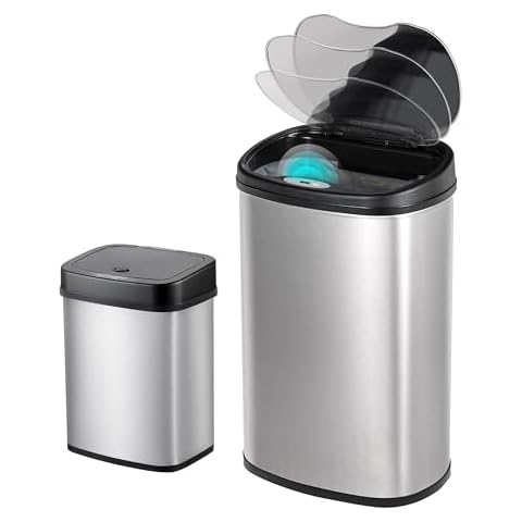 Ninestars 2 Pack 13 Gallon & 3.2 Gallon Automatic Trash Can Combo Set, Stainless Steel Trash Bin w/Black Lid, 2 Pack Hands Free Large Garbage Bin Touchless Montion Sensor Combo Set Cover