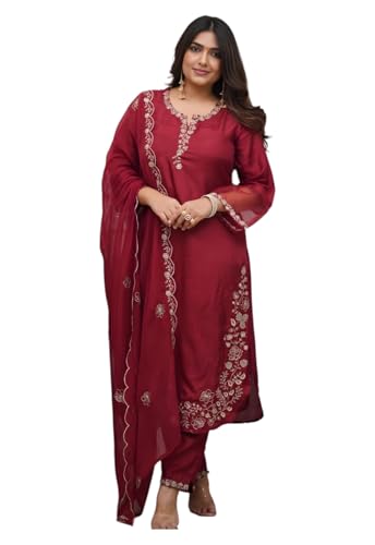 Costume ethnique traditionnel marron Kurti en soie mélangée brodée de prestige S