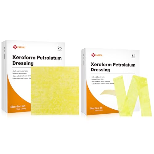 Carbou Medical Xeroform Petrolatum Dressing (4"x4" 25 Pack + 1"x8" 50 Pack), gasas no adherentes, parche de malla fina suave para cuidado de heridas, quemaduras, laceraciones, injertos de piel e incisiones quirúrgicas miniatura 1