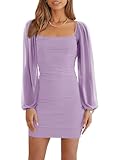 Ofenbuy Women's Mesh Long Sleeve Dress Square Neck Ruched Mini Bodycon Dress Stretch Party Cocktail Dresses Light Purple