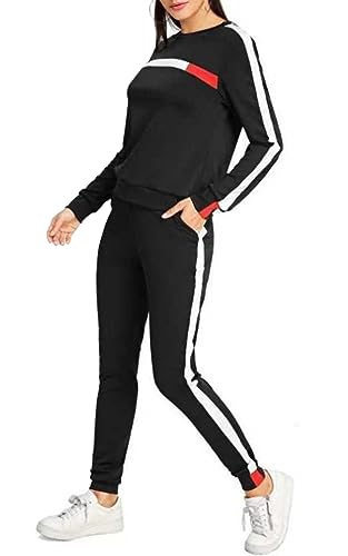 KANSOON Women Stripe Patchwork Two Piece Sweatsuit Round Neck Pullover and Skinny Long Pants Sets3