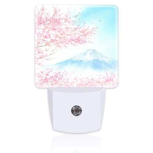 Image of Cherry Blossoms with Mountain Fuji Night Light Plug into Wall, Watercolor Pink Flowers Dusk to Dawn Night Light,0.5w Energy Saving Sleep Friendly Nightlights for Kids Boys Girls Home