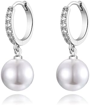 Pearl Drop Earrings for Women , 925 Sterling Silver Hoop Earrings with Cubic Zirconia  Hypoallergenic Teardrop Round Pearl Drop Dangle Earring  Jewellery Gift for Women Girls Silver &Gold