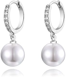 Pearl Drop Earrings for Women , 925 Sterling Silver Hoop Earrings with Cubic Zirconia  Hypoallergenic Teardrop Round Pearl Drop Dangle Earring  Jewellery Gift for Women Girls Silver &Gold